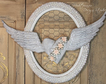 Angel wing wall decor, metal angel wings with heart, heart wall decor, valentine gift, Vintage wall decor, shabby chic angel wings