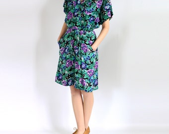 True Vintage 80's Culotte Dress with Fun Tropical Print in Blue Black and Green