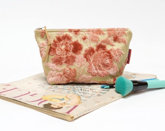 Pink Cut Velvet Cosmetic Bag, vintage fabric makeup bag, floral zipper pouch handmade by EllaOsix
