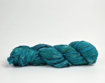Bright Ocean Blue Sari Silk Ribbon Yarn, 100 grams (3.5oz), 6 Weight (Super Heavy)