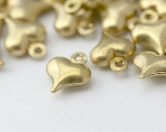 Raw Brass Heart Charms Pendants Puffed 10mm (30)