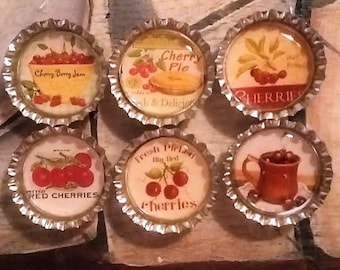 Six Vintage Cherries Magnets on Silver Bottle Caps