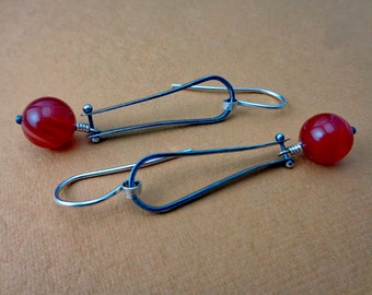 Valerie Red: Sterling Silver Oxidized Riveted Dangling Red Sardonyx Long Loop Earrings