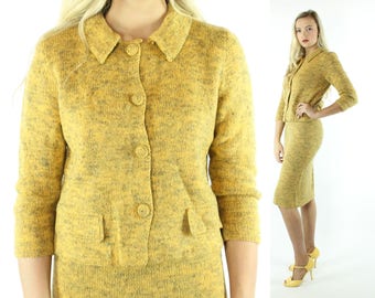 Vintage 60s Knit Suit Mustard Wool Cardigan Button Up Sweater Pencil Skirt 1960s Meidum M Pinup Rockabilly