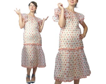 1920S Cotton Organdy Floral Print Day Dress
