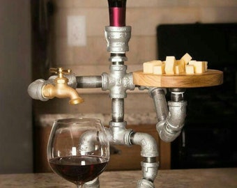 Liquid dispenser & cheese plate Bottle holder rustic black pipe and fittings design alcohol dispenser