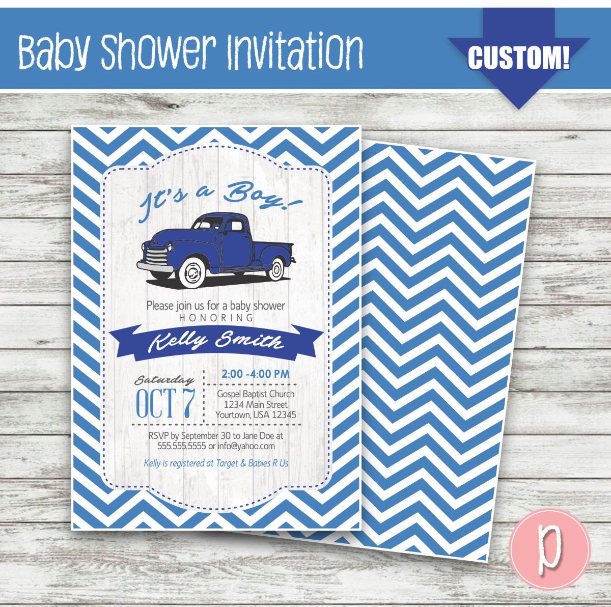 Vintage Truck Baby Shower Invitation Pick Up Truck