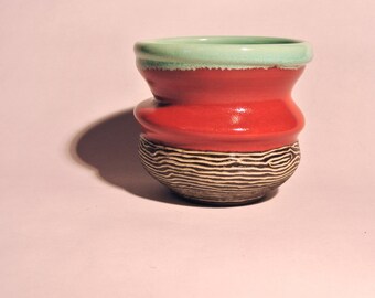 Colour Block Vessel in Faux Celedon, Red and Faux Bois