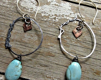 Rustic twisted heart hoop earrings by Weathered Soul Jewelry, with magnesite turquoise robins egg blue teardrop stones and a bronze heart!