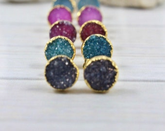 Druzy Earrings, Druzy Stud Earrings, Druzy Studs, Druzy Gold Earrings, 14k Gold Filled Stud Earrings, Raw Stone Jewelry, black, blue, post
