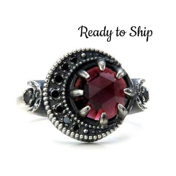 Ready to Ship - Size 6 - 8 Garnet Blood Moon Ring - Sterling Silver Jewelry with Black Diamonds