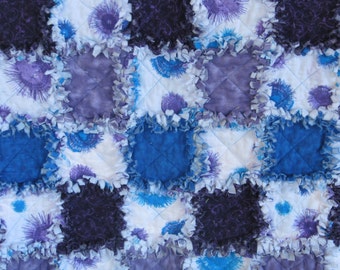 Rag Quilt,Rag Quilt for Sale, Blue and Purple Fireworks, Rag Lap Quilt, Handmade, Unique, Approx 47" x 43" Ready to Ship