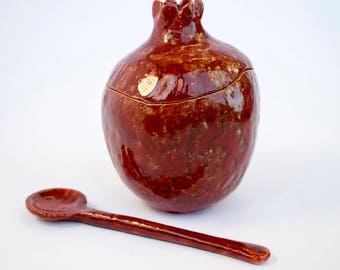 Handmade red pomegranate sugar bowl, ceramic sugar bowl, sugar bowl with spoon, handmade bowl, pomegranate ceramic, ceramics and pottery