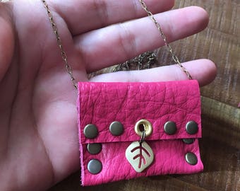 Hot Pink Leather Jewelry - Recycled Leather-Talisman Pouch Necklace - Amulet Bag Necklace - Medicine pouch - Lucky Crystal pouch