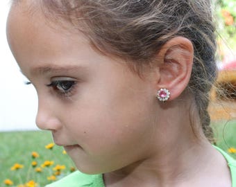 Pink Flower Girl Clip On Earrings Swarovski Crystal White Opal Toddler Gift Pink Clip On Toddler Earring Non Pierced Ears,Silver,Rose,SE116