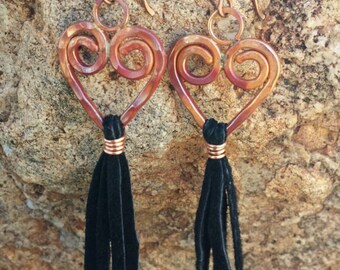 COPPER Heart Earrings - Black Leather Tassel - Fringe - Cowgirl Jewelry - Valentines Day Gift - Western Jewelry by Heart of a Cowgirl