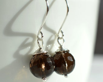 Smoky Quartz Earrings, Sterling Wire Wrapped Earrings, Dark Brown Earrings, Brown Gemstone Earrings, Neutral Earrings, Faceted Gemstone Bead