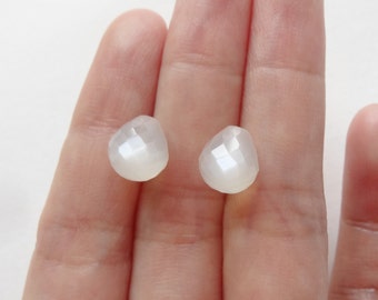 AA Grade Glowy White Moonstone Half Top Drilled FACETED 8x9 mm Drops One Pair L4934