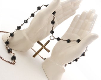 Cross Pendant Necklace, Beaded Rosary Style Chain, Handwired beads, Black Long Chain Necklace