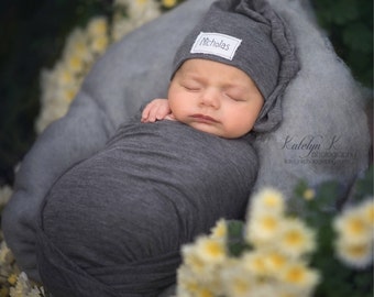 Newborn wrap set, Personalized Newborn hat, knot hat, hospital hat, baby name hat, babyshower gift, name hat, twin hats, basic beanie,