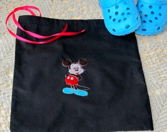 Drawstring Bag, Black Cotton, Mickey Mouse Bag, Embroidered, Textile bag Fabric bag
