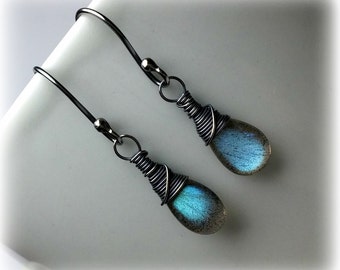 Labradorite Earrings Silver or Oxidized Wire Wrapped Green Blue Gemstone Earrings Small Dangle Earrings Drop earrings Mothers Gift for Women