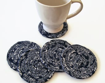 Navy Blue Paisley Coasters Set of 5 - Neutral Coiled Fabric Coasters - Clothesline Coaster Set - Quiltsy Handmade