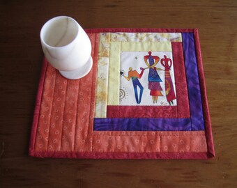 Quilted Mug Rug "Dancing among the Stars" Small Placemats, Snack Mat, Fabric Trivet with Mexican Dancers, Fun Table Mats, Quiltsy Handmade
