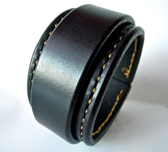 Leather cuff wristband Black Bracelet with Gold stitching handmade for YOU in New York by Freddie Matara