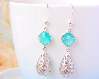 Mint Green Earrings Silver Filigree Drop Earrings Mint Green Wedding Earrings For Bride Mint Seafoam Earrings Mint Bridal Jewelry