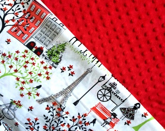 Baby Car Seat Canopy COVER or NURSING Cover: Walk in Paris with Red Minky, Personalization Available