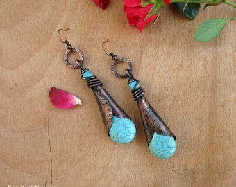 Turquoise howlite drop earrings Copper earrings turquoise Hammered copper earrings Oxidized copper earrings Long copper sheet earrings OOAK