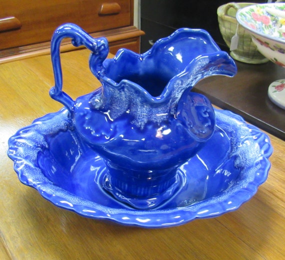 Washbasin cobalt blue bowl and water pitcher