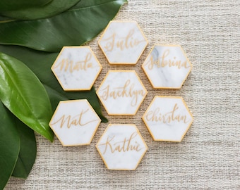 2 Inch// Customized Calligraphy Hexagon Marble Coasters. Wedding Place Cards. Escort card. Personalized Hexagon Coasters.Wedding Favors.