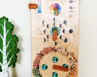 Wooden perpetual calendar with seasons, moon phases, months, days and weather