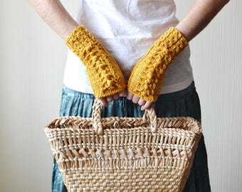 fingerless gloves wanderlust arm warmers cotton birthday gift for mom knitted gloves boho gloves womens gloves cotton gloves mustard gloves