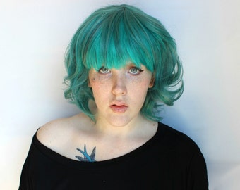 Teal wig. Wavy Curly Medium Teal Green wig. Teal Scene wig. Cosplay wig. Short Teal Scene Emo wig // Teal Twist
