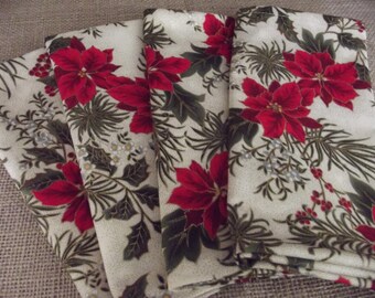 Set of Four Christmas Napkins, Poinsettia Napkins, Handmade Napkins, Cotton Napkins, Cloth Napkins, Dinner Napkins, Fabric Napkins