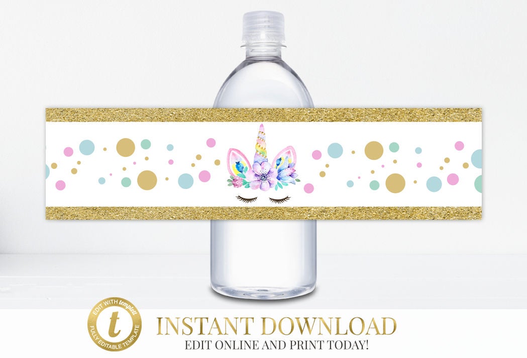 birthday sticker template Party DOWNLOAD Labels Water Bottle Unicorn INSTANT