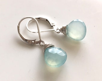 Aqua Chalcedony Dangle Leverback Earrings, Teenies, Gemstone earrings