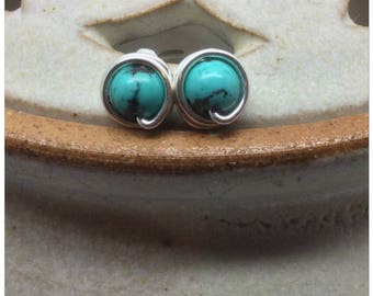 Turquoise Wire Wrapped Studs Turquoise Studs Turquoise Earrings Turquoise Posts December Birthstone Turquoise Genuine Gemstone Earrings