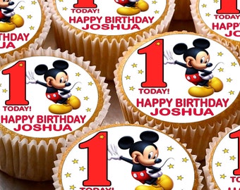 24 x Personalised Mickey Mouse Cup Cake Toppers with Any Name Happy Birthday