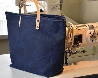 Waxed Canvas Tote, Leather handles, copper rivets