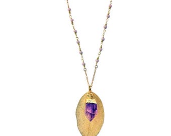 Leaf Necklace in Gold-fill with Rock Crystal Amethyst