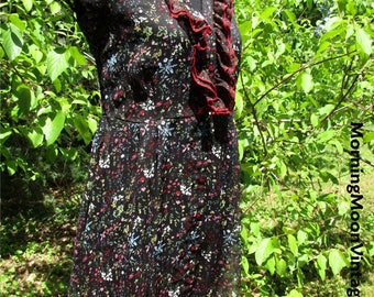 SHEER BABYDOLL Dress, button-down gauze, tank lining, Vintage 90s BOHO Gypsy Hippie Festival, ditzy flowers on black & red, front ruffles