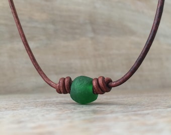 Beach Glass Necklace, Mens Necklace, Mens Leather Necklace, Sea Glass Necklace, Recycled Glass Jewelry, Sea Glass Choker Necklace for Him