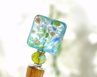 Blue Hairstick Hair Chopstick Blue Green Hair Stick Wood Bun Pin One of a Kind Pair of Hair Sticks - "Yvaine"