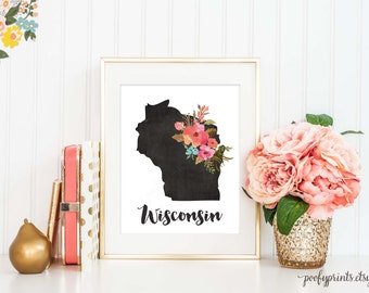 Chalkboard Wisconsin Print / Watercolor Floral Wisconsin Digital Art / Home Sweet Wisconsin Print / Home is Where the Heart Is // 307