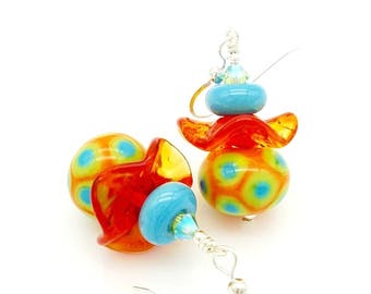 Orange Earrings, Colorful Earrings, Southwest Earrings, Lampwork Earrings,Glass Earrings,Glass Bead Earrings,Bright Earrings,Ruffle Earrings