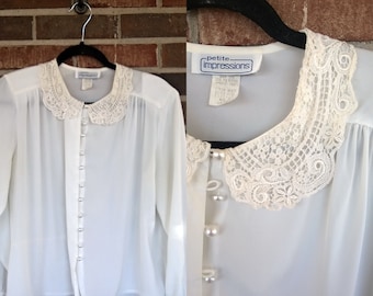 White Peter Pan Lace Collar Long Sleeve Button Up Blouse, 12